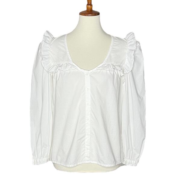Nation LTD 100% Pima Cotton Ruffle Button Front Long Sleeve Blouse White Small - Picture 1 of 8